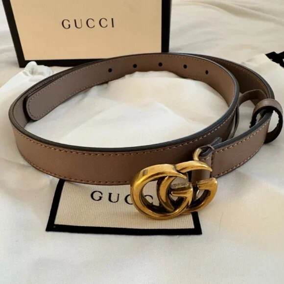 Gucci New In Box Double GG Marmont Thin Taupe Leather Gold Belt Size 75 GUCCI Marmont Taupe Leather Double GG .8” Thin Skinny Belt  main image 2